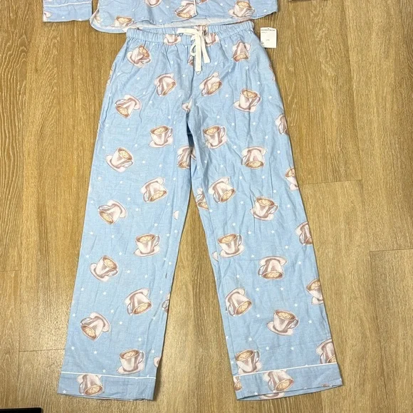 PJ Salvage Flannel Pajama Set Coffee Women Sky Blue Top & Pants size small - Picture 5 of 9